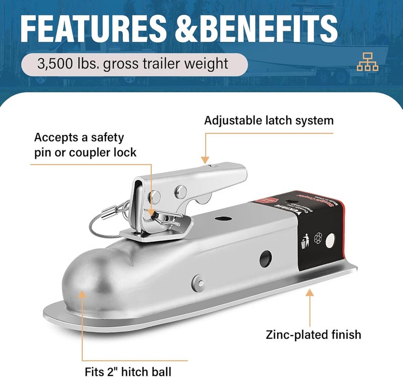 VEKINSE Straight Tongue (Zinc) Trailer Coupler with Hardware, Easy Remove Sticker and Instruction fit for 2" Channel, 2" Hitch Ball, 3,500 lbs, Silver - Image 3